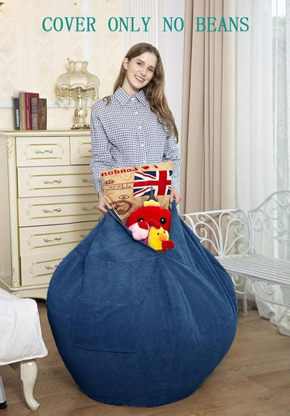 Stuffed Animal Storage Bean Bag Chair Cover for Kids and Adults (No Filler).Soft Premium Corduroy Stuffable Beanbag for Organizing Children Plush Toys or Memory Foam Large 300L(DarkBule)