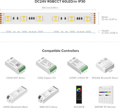 BTF-LIGHTING RGBCCT 5 Colors in 1 LED 5050SMD RGBWW RGB+Dimmable Tunable Color Temperature 2700K-6500K 16.4ft 60LEDs/m 300LEDs DC24V Multi-Colored Tape Lights IP30 White PCB(No Adapter or Controller)