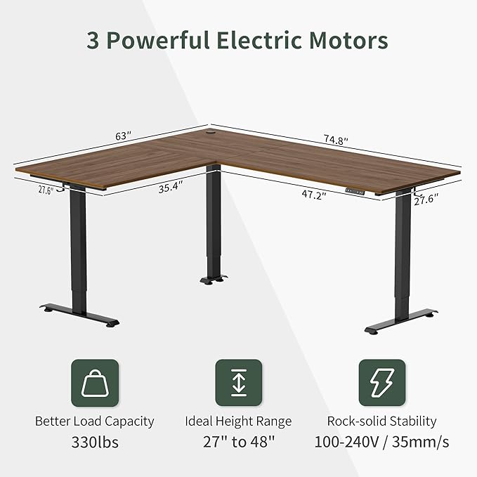 FEZIBO Triple Motor L-Shaped Electric Standing Desk, 75 Inches Height Adjustable Stand up Corner Desk, Sit Stand Workstation with Splice Board, Black Frame/Black Walnut Top