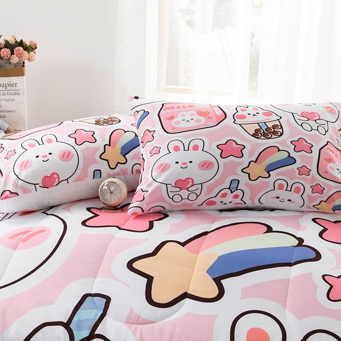 CVHOUSE Kawaii Bedding Queen Size,Kawaii Rabbit Bedding Set for Girls Kids,Cute Rabbit Comforter Set Kawaii Rabbit Duvet Set Rabbit Pattren Quilt Set Girls Room Decor 3 Pieces