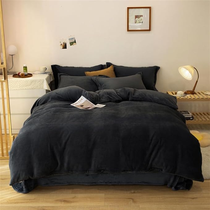 Wellboo Black Velvet Comforter Sets California King Solid Black Fluffy Bedding Comforters Cal King Solid Color Flannel Quilt Women Men Plain Black Comforters Micromink Sherpa Fuzzy Warm Bed Plush