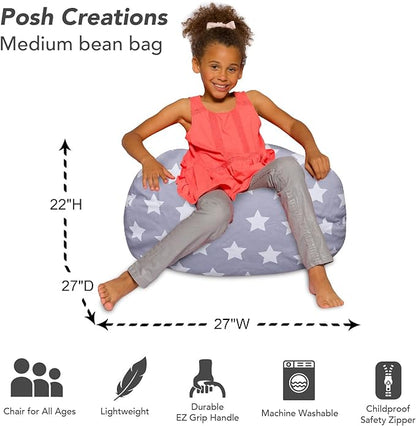 Posh Creations Bean Bag Chair for Kids, Teens, and Adults Includes Removable and Machine Washable Cover, Canvas White Stars on Gray, 27in - Medium