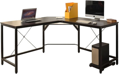 DlandHome L-Shaped Computer Desk 59 inches x 59 inches, Composite Wood and Metal, Home Office PC Laptop Study Workstation Corner Table with CPU Stand, Brown Black and Black Legs, ZJ02-BB