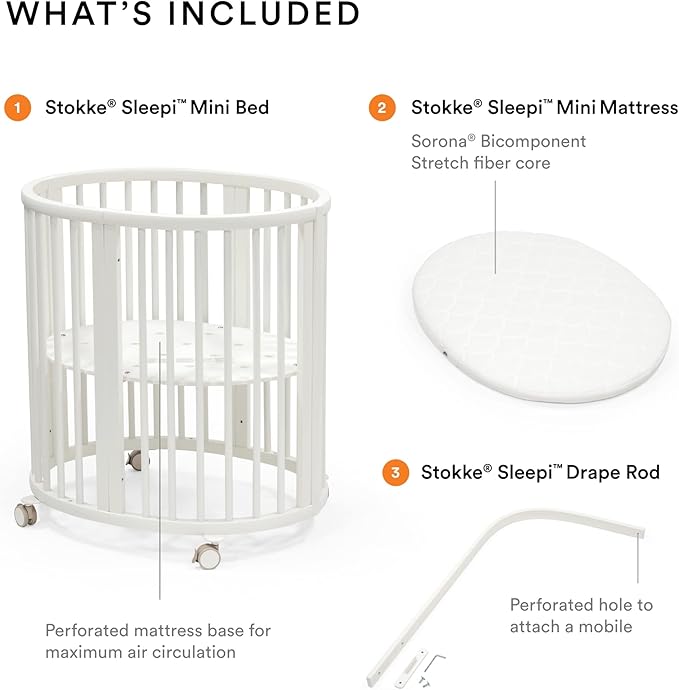 Stokke Sleepi Mini Bundle, White - includes Crib/Bed, Mattress & Drape Rod - Suitable for Ages 0-5 Years Old - Adjustable & Stylish
