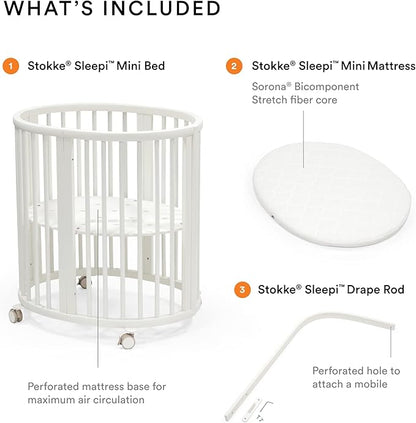 Stokke Sleepi Mini Bundle, White - includes Crib/Bed, Mattress & Drape Rod - Suitable for Ages 0-5 Years Old - Adjustable & Stylish