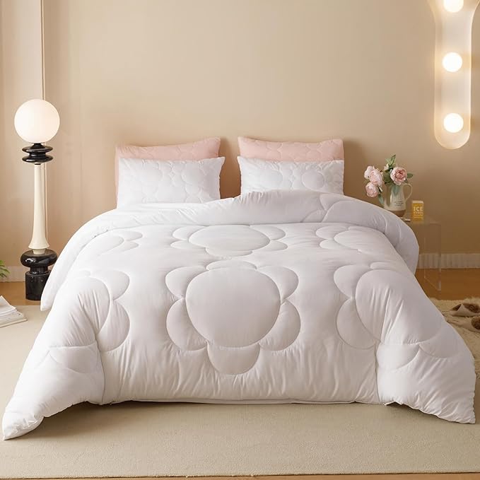 White Flower Comforter King White Sunflower Print Bed King Comforter Set 3 Pieces White Floral Comforter Set for Women Girls Bedroom Decor All Season Hotel Quality Comforter Set