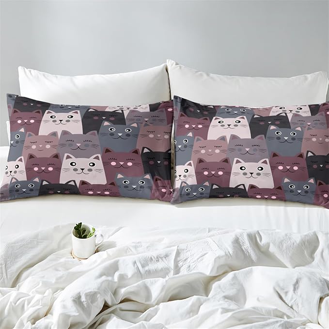 Cat Comforter Set Full Size - 3Pcs Grey Cat Bedding Set for Boys Girls Teens Cute Animals Themed Bedding Set Warm Ultra Soft Cartoon Cat Quilt Cover with 2 Pillowcases for Kids Room Decor