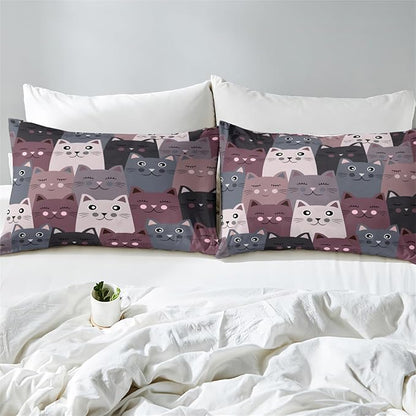 Cat Comforter Set Full Size - 3Pcs Grey Cat Bedding Set for Boys Girls Teens Cute Animals Themed Bedding Set Warm Ultra Soft Cartoon Cat Quilt Cover with 2 Pillowcases for Kids Room Decor