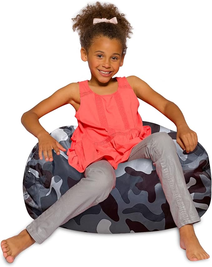 Posh Creations Bean Bag Chair for Kids, Teens, and Adults Includes Removable and Machine Washable Cover, Soft Nylon - Camo Dark and Black Gray, 27in - Medium