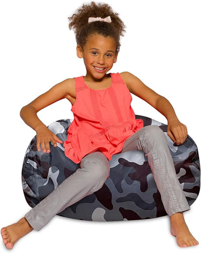 Posh Creations Bean Bag Chair for Kids, Teens, and Adults Includes Removable and Machine Washable Cover, Soft Nylon - Camo Dark and Black Gray, 27in - Medium