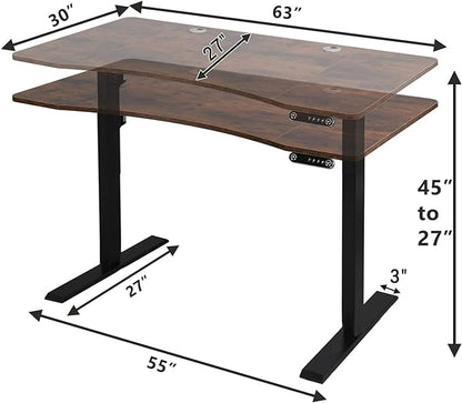 Electric Sit Dual Motor Height Adjustable, Memory Stand Up Desk with Drawer, Ideal for Daily Use at Home Office, Bedroom, 63x30 Inch, Dark Brown