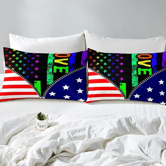 Erosebridal American Flag Comforter Set Rainbow Pride Bedding Set Queen Size for Kids Boys Teens Bedroom,USA Federations Stars Stripes Down Comforter Unique Zipper Design Quilted Duvet, Colorful