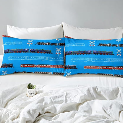 Feelyou Train Kids Boys Comforter Set Retro Steam Engine Toddler Bedding Set for Teens Railway Track Transport Comforter Red Blue Black Decor Quilt Set Room 3Pcs Queen Size