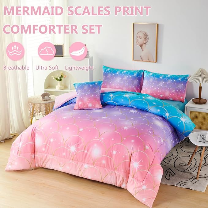 PERFEMET Pink Purple Mermaid Comforter Queen Size 6 Pieces Girls Bedding Set Colorful Rainbow Ombre Bed in A Bag Mermaid Scale Print Queen Comforter Set with Sheets