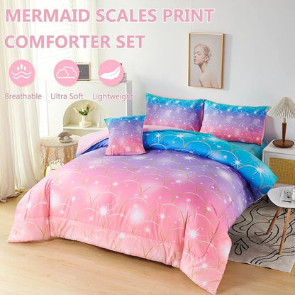 PERFEMET Mermaid Print Full Size Comforter Set for Girls, 6 Piece Colorful Tie Dye Teen Girl Bedding Set, Pink Purple Ombre Cute Bed in A Bag Comforter Set with Sheets