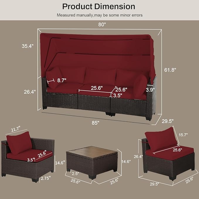 6 PCS Outdoor Patio Furniture Set,Sectional Sofa Set,Rattan Daybed with Retractable Canopy,Adjustable Backrest,Storage Coffee Table,Chaise Chair Sunbed for Porch Garden Poolside Backyard(Red)