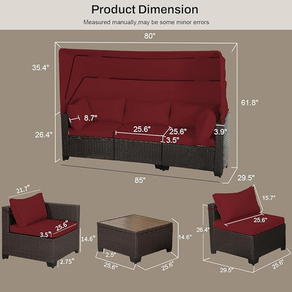 6 PCS Outdoor Patio Furniture Set,Sectional Sofa Set,Rattan Daybed with Retractable Canopy,Adjustable Backrest,Storage Coffee Table,Chaise Chair Sunbed for Porch Garden Poolside Backyard(Red)