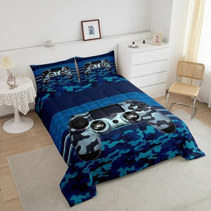 Gamer Comforter Set Camouflage Gaming Video Game Bedding Set for Kids Boys Children Blue Camo Gamer Console Comforter Soft Gamepad Decor Quilt Set Full Size