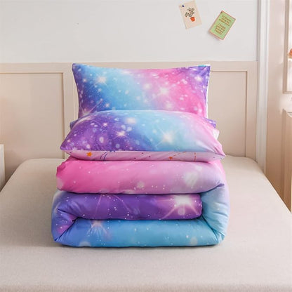 Holawakaka Kids Space Star Glitter Comforter Set Ombre Pink & Blue Print Gradient Bedding Set Twin Size (Pink Lavender, Twin)