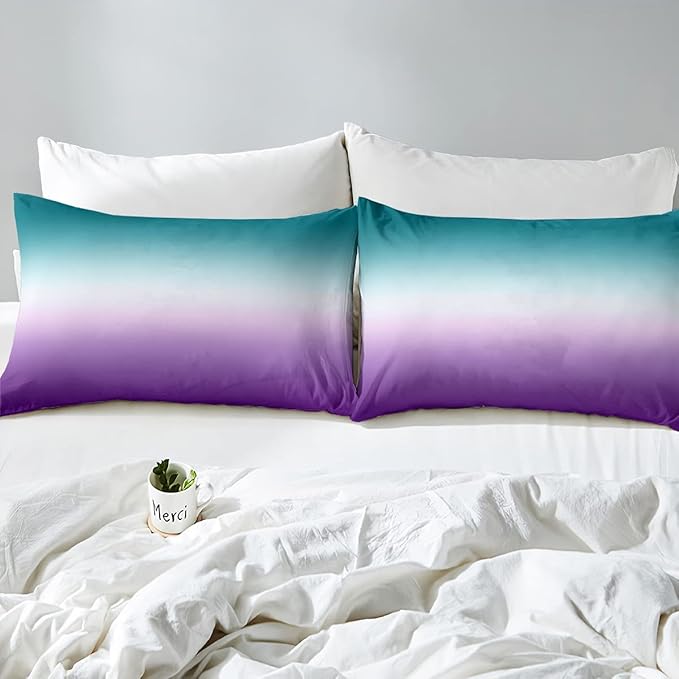 Erosebridal Ombre Comforter Set Green Purple Teal Bedding Set Queen Size Colorful Gradient Down Comforter Modern Abstract Quilt Duvet Insert Soft Warm Lightweight 1Comforter with 2 Pillow Cases