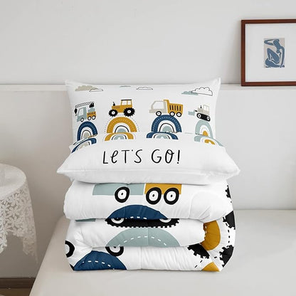 Boys Cartoon Car Comforter Set, Kids Construction Vehicles Comforter for Kids Children Cartoon Rainbow Truck Bedding Set Cute Cars Soft Quilt Set Bedroom Collection 3Pcs Full Size