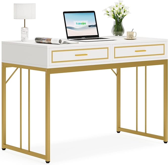 47’’ Computer Desk with 2 Drawers, White Gold Writing Desk Make Up Vanity Table