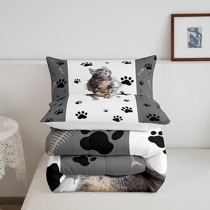 Kids Cat Comforter Set King,3D Cute Kawaii Cat Bedding Set Lovely Animal Kitten Paw Print Down Comforter for Girls Boys Cat Lovers' Bedroom,Fish Bone Decor Quilt Duvet Set Grey White 2 Pillow Cases