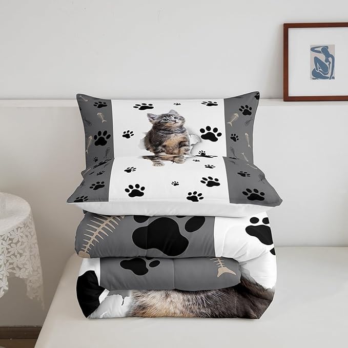 Kids Cat Comforter Set Full,3D Cute Kawaii Cat Bedding Set Lovely Animal Kitten Paw Print Down Comforter For Girls Boys Cat Lovers' Bedroom,Fish Bone Decor Quilt Duvet Set Grey White 2 Pillow Cases