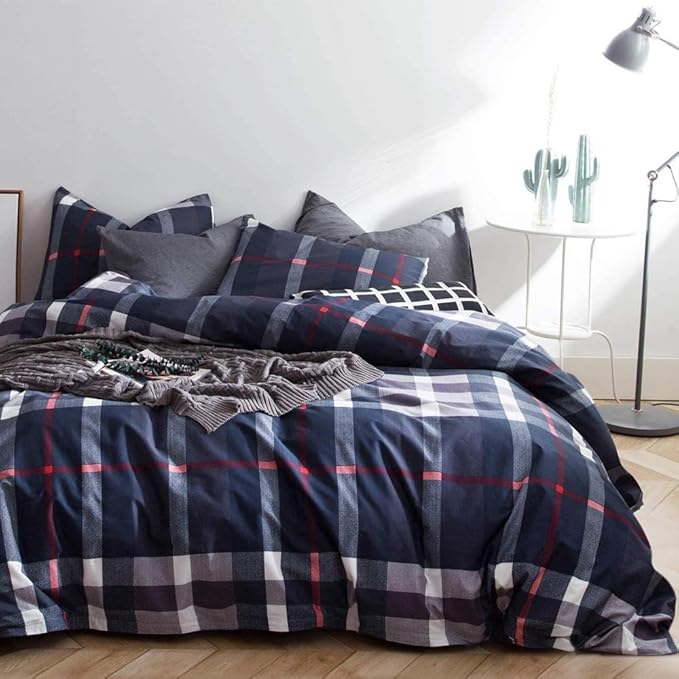 Navy Plaid Comforter Set Queen Checkered Bedding Set Navy Blue Tartan Grid Comforter Striped for Women Adult Navy Blue Checkered Blanket Set Dark Navy Queen Bed Comforter Set