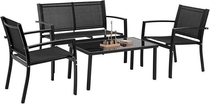 FDW 4 Piece Patio Conversation Sets with Metal Patio Furniture Tempered Glass Tabletop Waterproof Textilene for Outside Backyard Lawn Balcony