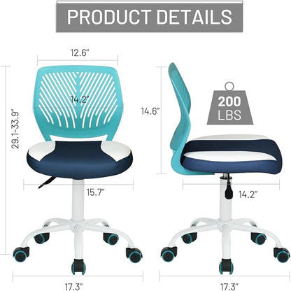 Desk Chair Small Study Chairs Armless for Children Kids Teens, Swivel Rolling Lightweight Task Chair with Wheels and Pu Leather Padded Cushion, Green/Navy
