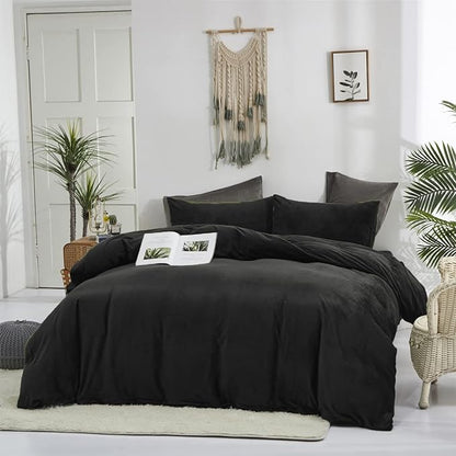 Wellboo Black Velvet Comforter Sets Queen Solid Black Fluffy Bedding Comforters Women Men Plain Dark Color Flannel Quilt Modern Minimalist All Black Comforters Queen Size Micromink Sherpa Plush Bed