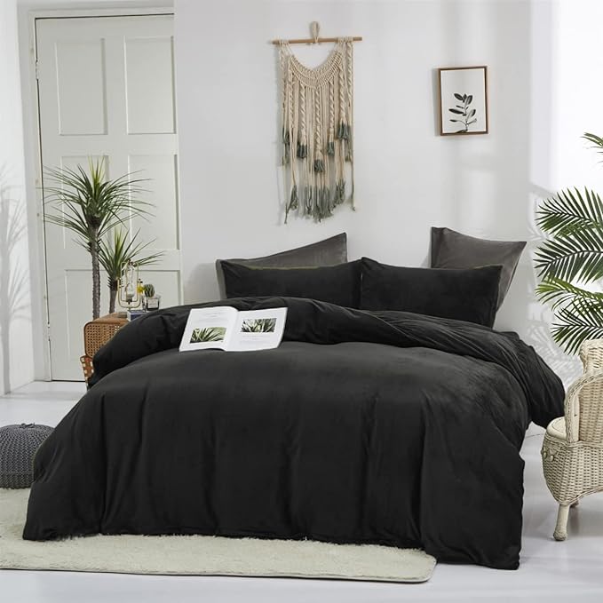Wellboo Black Velvet Comforter Sets California King Solid Black Fluffy Bedding Comforters Cal King Solid Color Flannel Quilt Women Men Plain Black Comforters Micromink Sherpa Fuzzy Warm Bed Plush