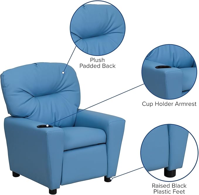 Flash Furniture Chandler Vinyl Kids Recliner with Cup Holder and Safety Recline, Contemporary Reclining Chair for Kids, Supports up to 90 lbs., Light Blue