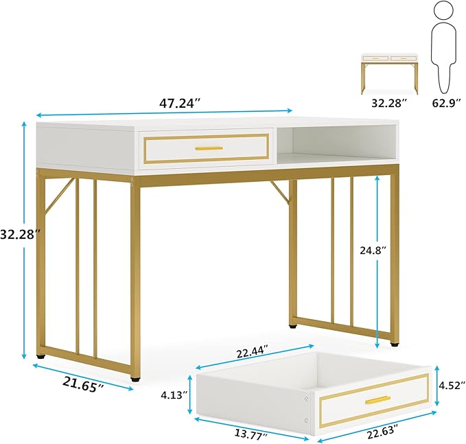 47’’ Computer Desk with 2 Drawers, White Gold Writing Desk Make Up Vanity Table