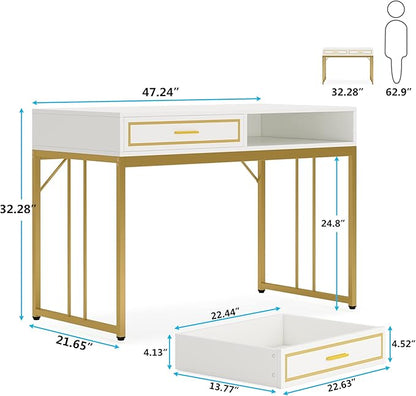 47’’ Computer Desk with 2 Drawers, White Gold Writing Desk Make Up Vanity Table