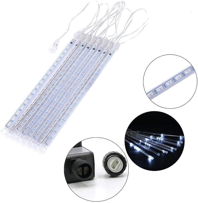 Christmas Lights Outdoor UL Certified Meteor Shower Lights 12Inch 8Tubes 192LED Falling Rain Drop Lights Icicle Snow Cascading Xmas Lights for Tree Wedding Party Garden Decoration,White