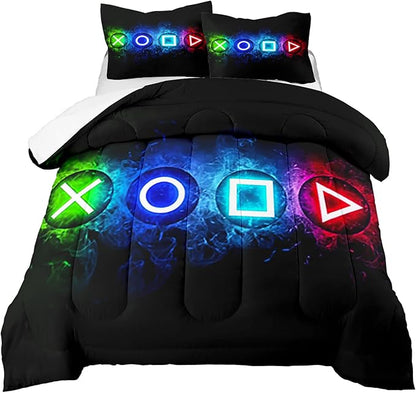Gamer Comforter Sets for Boys, Video Gaming Comforter Set Full Size, Cool Black Gamer Gamepad Bedding Sets for Boys Kids Playroom Decor, 1 Comforter and 2 Pillowcases