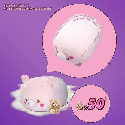 Stuffed Animal Storage Bean Bag Chair Cover for Kids Pink Pig Plush Bean Bag Chair for Girls Large Size Toy Organizer Cover Only Without Filling
