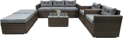 6-Piece Outdoor Rattan Patio Furniture Set, Wicker Sectional Sofa with Removeable Cushions and Tempered Glass Table Top, Conversation Couch for Garden Yark Lawn Backyard, Onesize, Brown