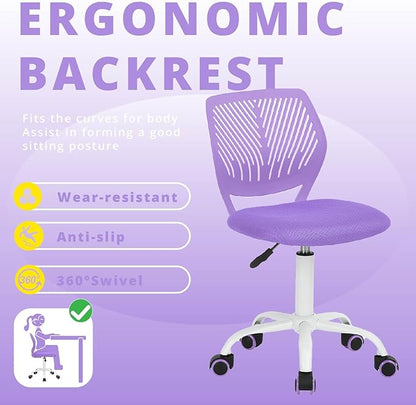 FurnitureR Teens Girls Task Chair 360 Swivel, Low Mid PP Mesh Back Fabric Seat, Height Adjustable, Rolling Castor, W15.7inces x D15.2inces x H29.5-34.2inches (Purple)