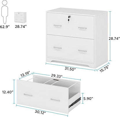 Lateral File Cabinet with 2 Drawers, 31.5 Inches Large Filing Cabinet for Hanging Letter/Legal/F4/A4 Size Files with Lock, Home Office, White