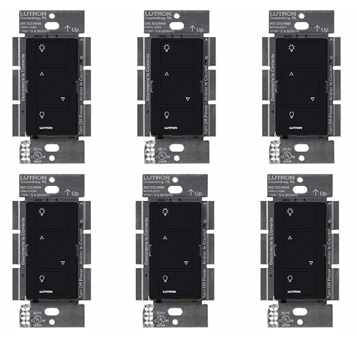 Lutron Caseta Original Smart Dimmer Switch (Lutron Smart Hub Required), for LED Lights, 150 Watt, Single-Pole/3-Way, No Neutral Required, PD-6WCL-BL 6-PACK, Black, 6 Pack