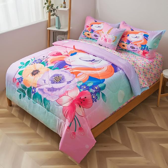 ADASMILE A & S Unicorn Bedding Twin for Girls Unicorn Bed Set Pink Unicorn Comforter Set Twin 6Pieces Girls Bed in A Bag Comforter with Hearts Sheets Reversible Unicorn Bed Sheets Home Unicorn Decor