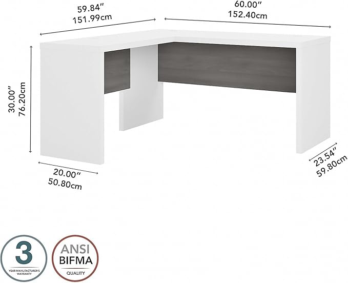 Bush Business Furniture Echo L Shape Desk with Wire Management | Corner Computer Table with Quick-to-Assemble Hardware | Home Office Credenza, 60W, Pure White and Modern Gray