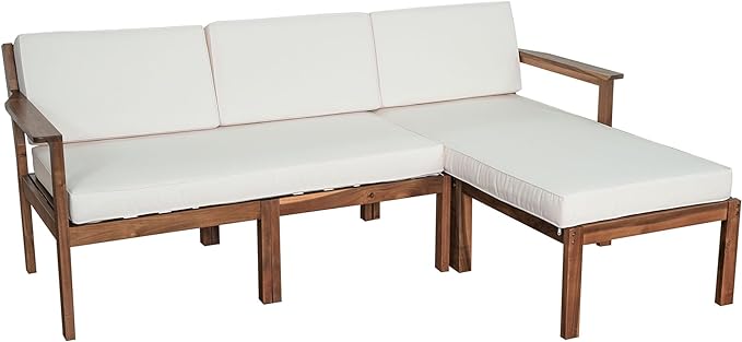 Outdoor Patio Furniture Set with Acacia Wood L-shaped Sectional Sofa, Armchair and A Small Table, 4-Piece for Gardens Backyards Balconies, Onesize, Beige Cushions