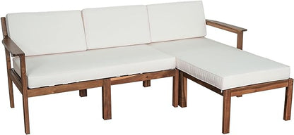 Outdoor Patio Furniture Set with Acacia Wood L-shaped Sectional Sofa, Armchair and A Small Table, 4-Piece for Gardens Backyards Balconies, Onesize, Beige Cushions