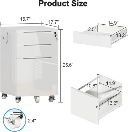 ChooChoo High Gloss File Cabinet with Lock,3 Drawer Rolling Filing Cabinet Fits Legal Size/A4/Letter, Under Desk File Cabinet with Hook for Home Office,White