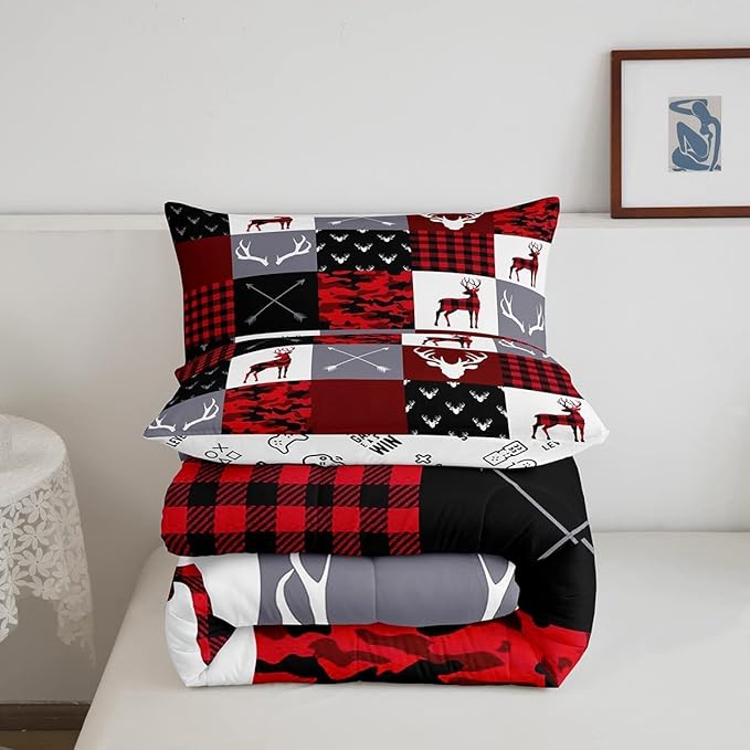 Boys Deer Antlers Silhouettes Comforter Set King Size,Geometric Plaids Patchwork Bedding Set 3pcs for Kids Teens Adults Girls Home Decor,Red Camouflage Christmas Xmas Down Comforter,Rustic Farmhouse