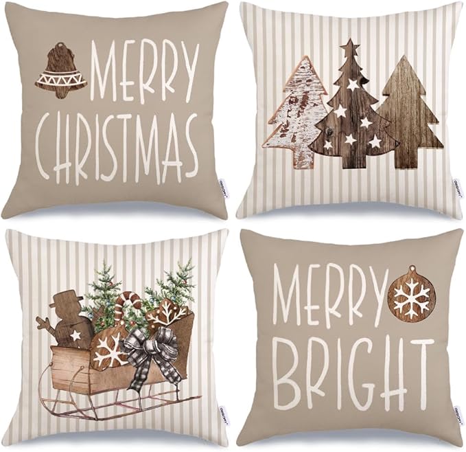 GEEORY Christmas Pillow Covers 20 x 20 Inch Set of 4, Striped Wooden Tree Snow Sleigh Merry Bright Xmas Holiday Decor Decorative Throw Cushion Case Decoration for Home Party Sofa Couch (Brown)